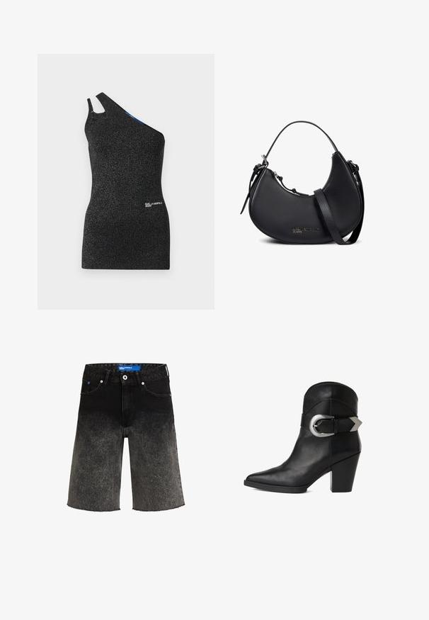 Sorte top med én skulder, lavet af struktureret stof med metaltråde. Har en udskæring ved skulderen og et logo detalje ved kanten.; Sorte denimshorts med en gradientfade fra mørk til lys. Har en frynset kant, to frontlommer og et mærket blåt label på taljen.; Sort læder ankelsko med spidse tæer, kraftig hæl og en bred rem med en cirkulær sølvspænde på siden. Glat tekstur.; Sort læderhåndtaske i halvmåneform med dobbelte stropper, sølv lynlås og subtilt "Karl Lagerfeld Jeans" logo foran.