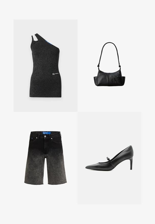 Top negro de un solo hombro hecho de un tejido texturizado con hilos metálicos. Presenta un corte en el hombro y un detalle de logo en el dobladillo.; Shorts de mezclilla negra con un desvanecimiento de oscuro a claro. Con un dobladillo deshilachado, dos bolsillos frontales y una etiqueta de marca azul en la cinturilla.; Zapato de tacón alto de cuero negro con punta puntiaguda, con tira fina y hebilla sobre el empeine, sobre fondo claro y neutro.; Bolso de hombro de cuero negro con correa larga, bolsillos laterales y logo de Calvin Klein en relieve en la parte delantera.