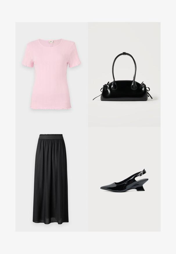 Top rosa de manga corta con textura acanalada, escote redondeado y bordes de las mangas y dobladillo con volantes. Etiqueta de la marca visible en el escote.; Falda negra de longitud media hecha de tela ligera, con una cinturilla elástica y una silueta fluida de textura suave.; Zapato slingback de cuero charol negro con puntera puntiaguda y tacón bajo en bloque inclinado sobre fondo claro liso.; Pequeño bolso negro brillante con dos asas largas y detalles de cordón lateral sobre un fondo claro liso.