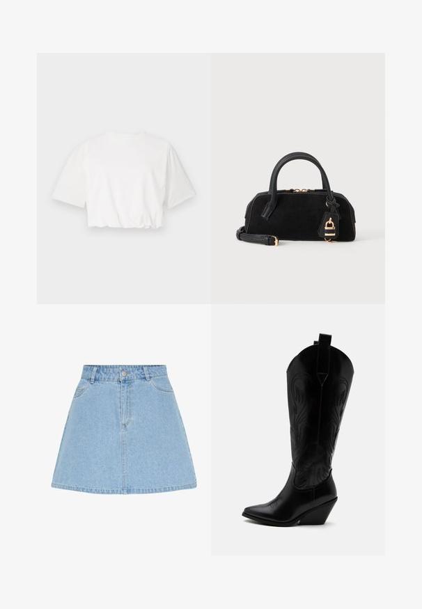 Witte cropped t-shirt met korte pofmouwen, ronde halslijn en geplooide onderrand, gemaakt van zachte katoenstof.; Lichtblauwe denim A-lijn rok met vooraan knopen en rits, ceintuurlussen en twee voorzakken.; Zwarte leren cowboylaars met puntige neus, schuine blokhak, decoratieve stiksels en aantreklusjes bovenaan tegen een witte achtergrond.; Zwarte leren handtas met afgeronde handvatten, gouden ritssluiting, afneembare schouderriem en een hangende gouden hangslotbedel.