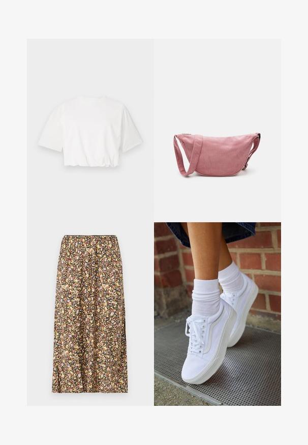 T-shirt blanc court avec manches courtes bouffantes, encolure ronde et ourlet froncé, fabriqué à partir d'un tissu en coton doux.; Jupe à motif floral sur fond noir, ornée de petites fleurs de couleur rose, jaune et blanche. Taille élastique et longueur à mi-genoux.; Baskets en toile blanches avec semelles en caoutchouc, dotées de six œillets, d'un bout rond et de détails de couture légers, portées avec des chaussettes blanches mi-mollet.; Pieces PCAMANDA BUMBAG - Sac bandoulière - ash rose
