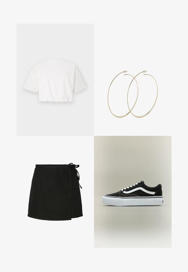 Witte cropped t-shirt met korte pofmouwen, ronde halslijn en geplooide onderrand, gemaakt van zachte katoenstof.; Zwarte katoenen wikkelrok met striksluiting, een rechte snit en een zoom op middeldij. Heeft een soepele textuur en een minimalistisch ontwerp.; Lage zwarte sneaker met witte zijstreep, witte veters, witte rubberen zool en gestructureerde neus op een neutrale achtergrond.; Pilgrim Oorbellen - gold-coloured