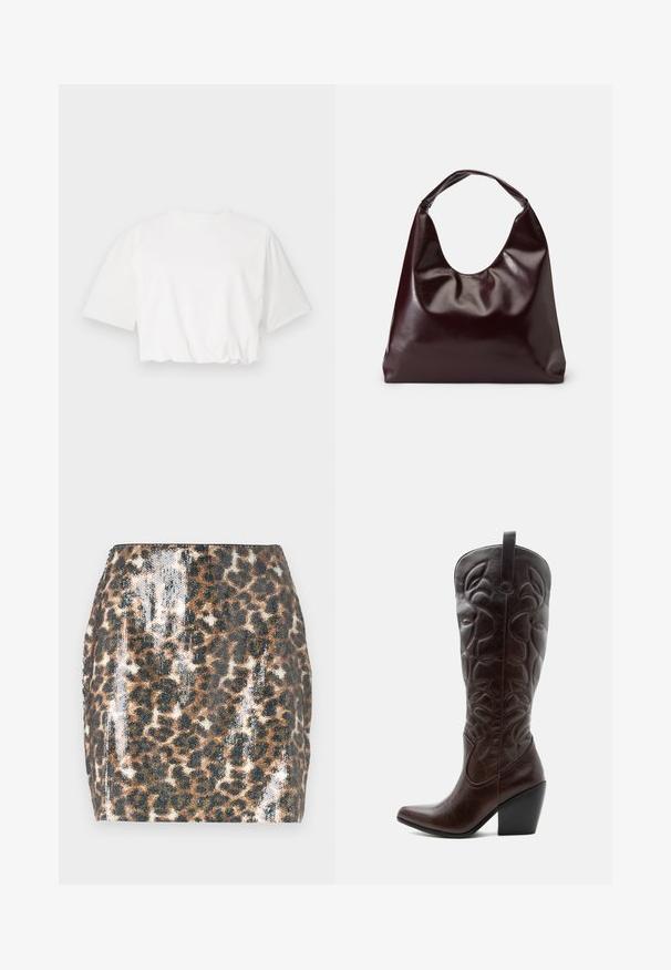 Hvid kortærmet t-shirt med puffærmer, rund halsudskæring og samlet nederste kant, lavet af blødt bomuldsstof.; Mini skirt med leopardprint der har en paillet-vævet tekstur, fitted design, brune og sorte farver samt en lige kant.; Høj mørkebrun læder cowboystøvle med syede dekorative mønstre, spids tå og stablet blokhæle.; Bordeaux, skinnende vegansk læder tote taske med en blød, skulpturel form og et bredt, buet håndtag for nem bæring.