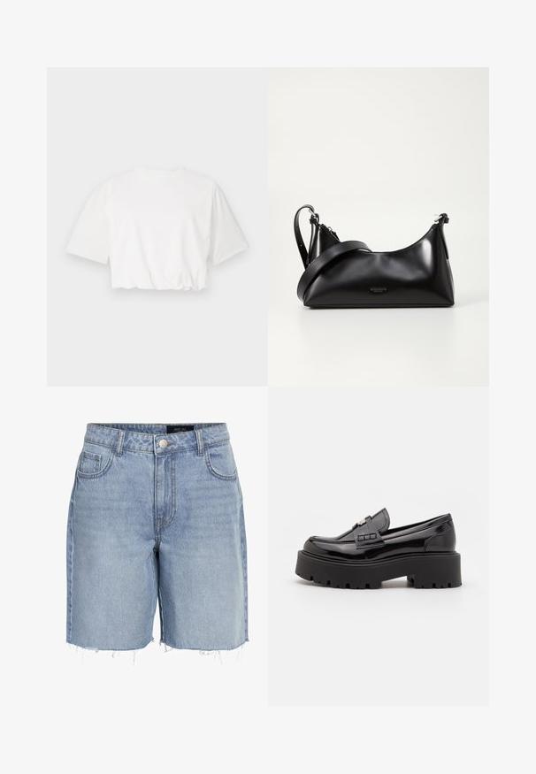 Camiseta blanca corta con mangas cortas abullonadas, cuello redondo y dobladillo inferior fruncido, fabricada en suave tela de algodón.; Pantalones cortos de mezclilla azul claro con cintura alta, cinco bolsillos, dobladillo deshilachado y un cierre clásico de botón. Hechos de una suave tela texturizada.; Madden Girl CALISTA - Zapatos sin cordones - black; Bolso de mano de cuero negro con una textura suave. Cuenta con una correa ajustable y un diseño elegante y minimalista con cierre de cremallera.