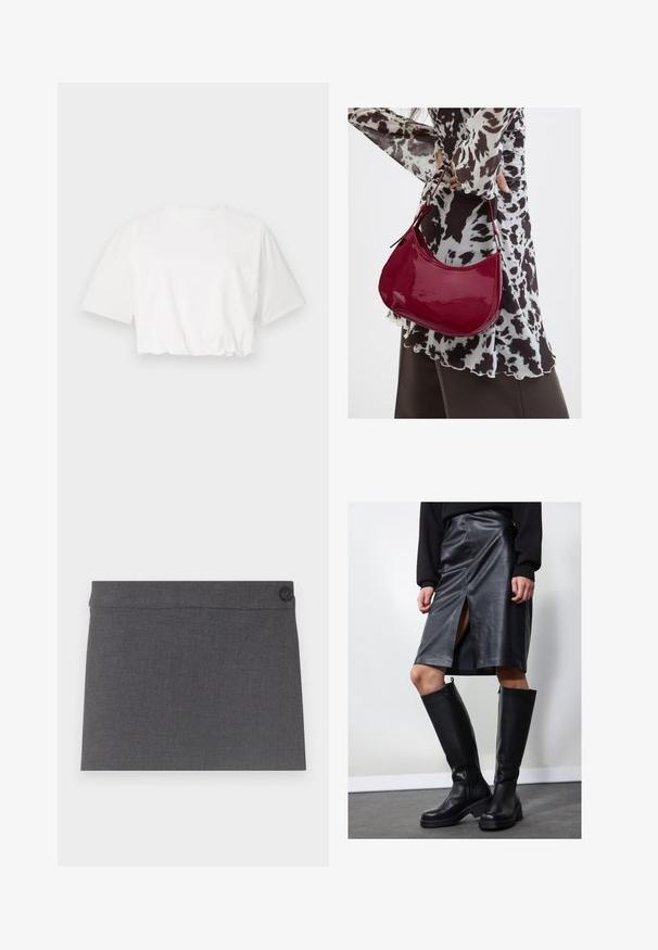 Witte cropped t-shirt met korte pofmouwen, ronde halslijn en geplooide onderrand, gemaakt van zachte katoenstof.; Grijze stoffen rok met een gladde textuur, rechte snit en een enkele zwarte knop op de tailleband, met een schone en eenvoudige esthetiek.; Zwarte leren kokerrok met een split aan de voorkant, gecombineerd met kniehoge zwarte laarzen met ritsen en een dikke zool voor extra hoogte.; Vrouw met een zwart-wit gebloemde blouse houdt een glanzende rode schoudertas vast tegen een effen achtergrond.
