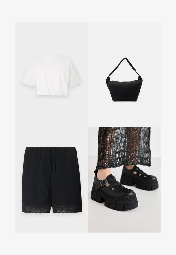Witte cropped t-shirt met korte pofmouwen, ronde halslijn en geplooide onderrand, gemaakt van zachte katoenstof.; Zwarte shorts van textiel met een elastische tailleband en strik, met een delicate kanten rand aan de zoom.; Zwarte platform sandalen met een chunky ontwerp, voorzien van brede banden en een zijgesp. Gemaakt van textuur rubber met een logo-detail.; Zwarte stoffen schoudertas met een zachte, gestructureerde oppervlakte, ronde vorm en een enkele strap. Minimalistisch ontwerp zonder zichtbare hardware of accenten.
