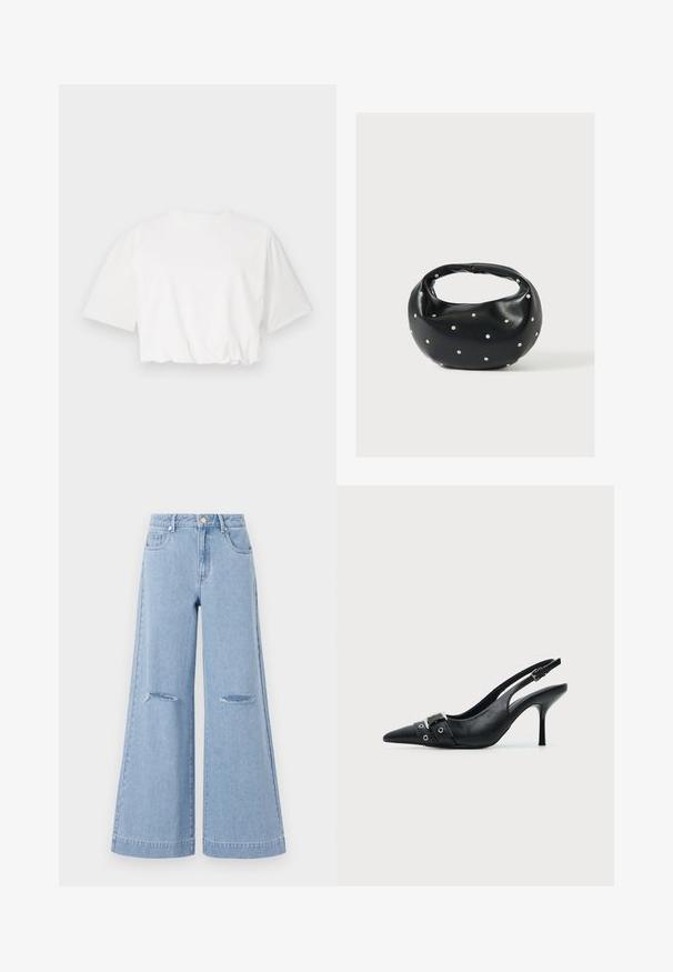 Hvid kortærmet t-shirt med puffærmer, rund halsudskæring og samlet nederste kant, lavet af blødt bomuldsstof.; Lyseblå bredbenede jeans med høj talje, der har to forlommer og to slidte knædetaljer, fremstillet af denimmateriale.; Sort læder højhælet sko med spidst tåparti, slingback og rem med spænde og nitter foran.; Sort læderhåndtaske med en rundet form, dekoreret med sølvnitter, og et kort håndtag. Glat tekstur og lynlåslukning.