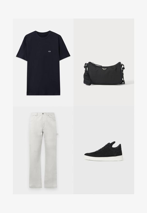 T-shirt en coton bleu marine à manches courtes et col rond. Présente un petit logo blanc "A|X" sur le côté gauche de la poitrine.; Pantalon gris clair à coupe droite, fabriqué en tissu en coton lisse, avec des poches avant et une poche cargo sur le côté.; Baskets en daim noir avec une semelle en caoutchouc blanc, présentant des coutures tonales et un design lacé. Texture lisse avec une forme moderne et épurée.; Sac bandoulière rectangulaire noir avec emblème du logo de la marque argenté et sangle réglable sur fond clair.