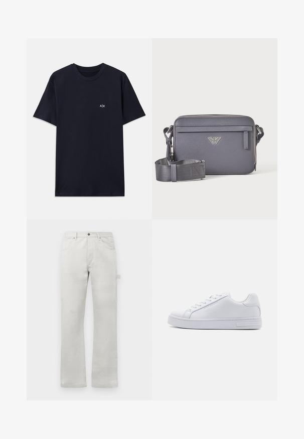 Camiseta de algodón de color azul marino con mangas cortas y cuello redondo. Presenta un pequeño logo blanco "A|X" en la parte izquierda del pecho.; Pantalones gris claro con corte recto, confeccionados en una suave tela de algodón, con bolsillos frontales y un bolsillo lateral tipo cargo.; Zapatilla de cuero blanca con una textura suave, puntera redonda, cierre de cordones en la parte delantera y suela de goma plana. Presenta un logo en relieve en el talón.; Bolso bandolera rectangular gris oscuro con correa ajustable, bolsillo frontal con cremallera y emblema de logo plateado.