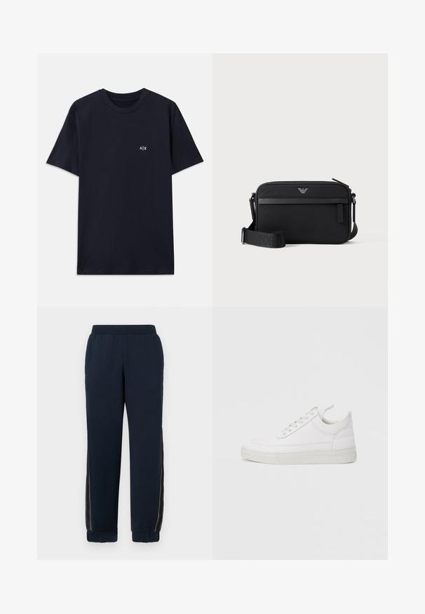 Camiseta de algodón de color azul marino con mangas cortas y cuello redondo. Presenta un pequeño logo blanco "A|X" en la parte izquierda del pecho.; Pantalones de chándal azul marino con una textura suave, puños ajustados y paneles laterales de malla. Cintura elástica para mayor comodidad y un ajuste casual.; Zapatilla blanca de cuero con punta redondeada, suela plana y cierre de cordones. Presenta detalles de costuras y un cuello acolchado para mayor comodidad.; Bolso bandolera rectangular negro con bolsillo frontal con cremallera, correa ajustable y pequeño logo metálico en el centro superior.