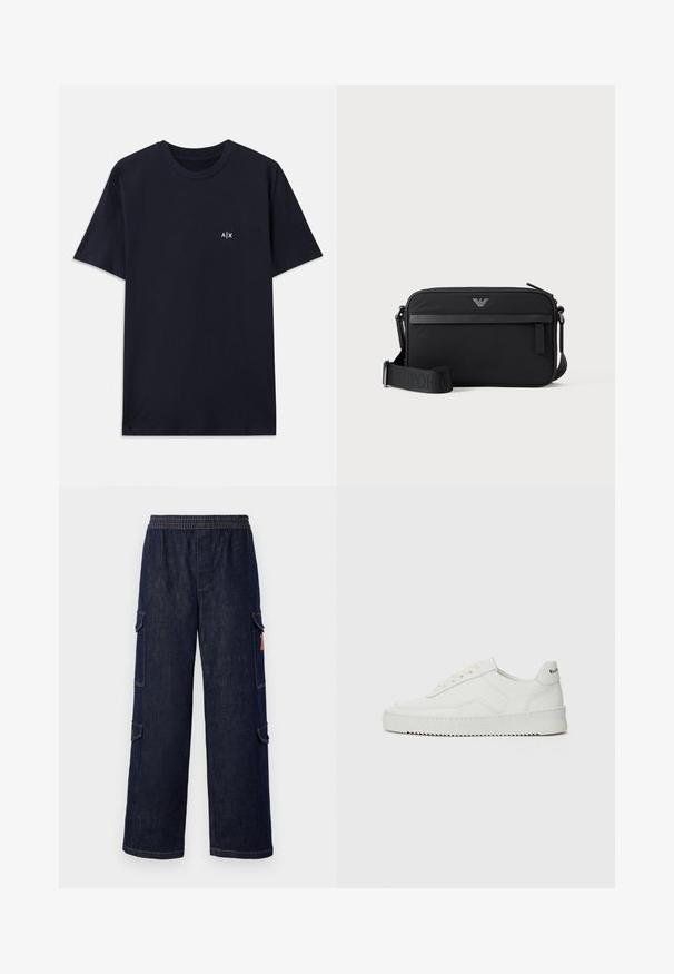 Marineblaue Baumwoll-T-Shirt mit kurzen Ärmeln und Rundhalsausschnitt. Mit einem kleinen weißen "A|X"-Logo auf der linken Brustseite.; Dunkelblaue Denim-Cargo-Hosen mit einem entspannten Schnitt, ausgestattet mit einem elastischen Bund, Seitentaschen und kontrastierenden Nähdetails.; Weiße Ledersneaker mit glatter Oberfläche, runder Zehenpartie, flachen Schnürsenkeln und strukturiertem Sohlenprofil. Mit einem dezenten Logo an der Ferse.; Schwarze rechteckige Umhängetasche mit vorderer Reißverschlusstasche, verstellbarem Schultergurt und kleinem Metalllogo oben in der Mitte.