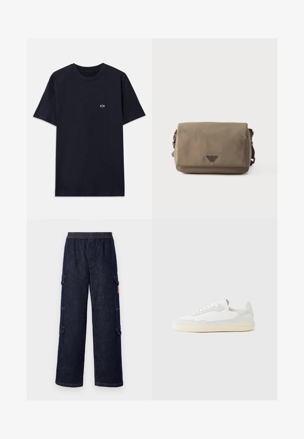 Marineblaue Baumwoll-T-Shirt mit kurzen Ärmeln und Rundhalsausschnitt. Mit einem kleinen weißen "A|X"-Logo auf der linken Brustseite.; Dunkelblaue Denim-Cargo-Hosen mit einem entspannten Schnitt, ausgestattet mit einem elastischen Bund, Seitentaschen und kontrastierenden Nähdetails.; Weißer Sneaker mit strukturiertem Obermaterial aus Wildleder und Leder. Verfügt über eine runde Zehenpartie, Schnürverschluss und eine kontrastierende beige Gummisohle.; Rechteckige Crossbody-Tasche in Taupe mit Klappverschluss und kleinem Metall-Logo-Emblem mittig auf der Vorderseite vor weißem Hintergrund.