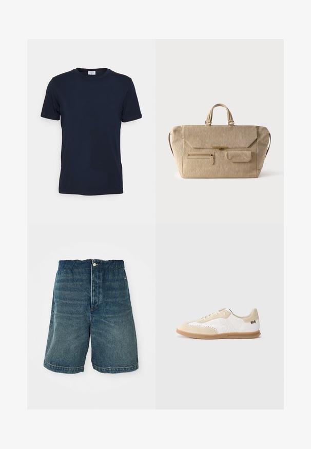 Navyblaues T-Shirt mit Rundhalsausschnitt aus weicher Baumwolle. Kurze Ärmel mit klassischer Passform, mit einem Etikett am Hals. Glatte Textur, minimalistisches Design.; Dunkelblaue Denim-Shorts mit lockerer Passform, Knopfverschlüsse und sichtbaren Nähten an Saum und Taschen.; Weißer Sneaker mit hellbeigen Wildledereinsätzen, perforierten Details, flachen Schnürsenkeln und einer Gummisohle in Karamellfarbe. Mit gestreiftem Markenlogo an der Ferse.; Beige Cordtasche aus Cord mit zwei Griffen, Überschlagverschluss, vorderer Reißverschlusstasche und kleiner Überschlagtasche vor weißem Hintergrund.