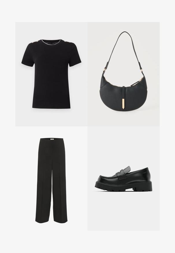 Camisa negra de manga corta con escote redondo, botones dorados en las costuras de los hombros y ribete blanco en el interior del cuello.; Pantalones negros de pierna ancha con cintura alta y detalles sutiles de pliegue, diseñados para un ajuste relajado y elegante.; Mocasines de cuero negro con suela gruesa y texturizada, que presentan una correa sobre el empeine y un acabado suave y pulido.; Bolso negro en forma de media luna con una sola correa, cremallera dorada y una lengüeta decorativa rectangular dorada en la parte delantera.
