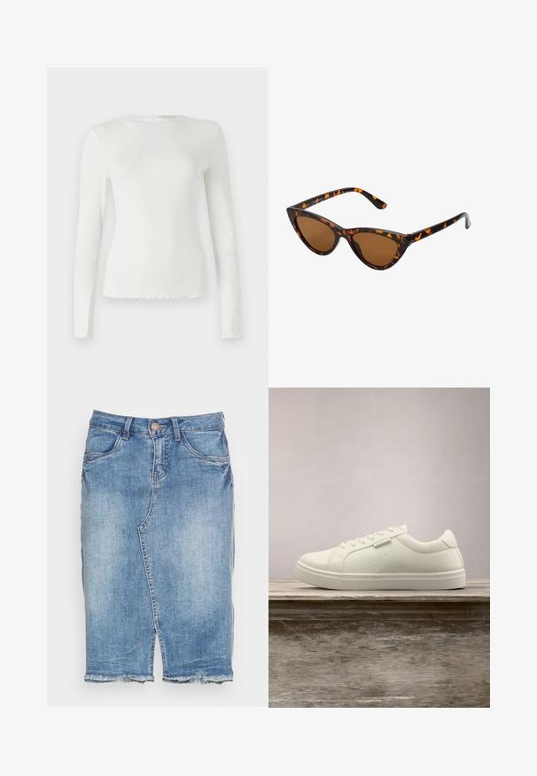 TOM TAILOR DENIM WITH FRILL EDGE - Camiseta de manga larga - off white; Falda vaquera azul claro con abertura frontal, dobladillo deshilachado, trabillas para cinturón, cierre de botones y bolsillos delanteros.; Zapatilla blanca de cuero con cordones flotando sobre un banco de madera, con hierba alta verde desenfocada al fondo en un entorno al aire libre.; Gafas de sol estilo ojo de gato con montura de carey negra y naranja, lentes marrones y puntas elegantes y afiladas. Presenta un logo minimalista en la patilla.