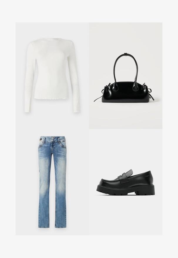 TOM TAILOR DENIM WITH FRILL EDGE - Top s dlhým rukávom - off white; Svetlomodré džíny z denimu so strihom rovného nohavice, s päť-gombíkovým zapínaním, prednými vreckami a jemným zosvetlením.; Čierne kožené mokasíny s hrubou štruktúrovanou podrážkou, so strapcom cez priehlavok a hladkým, lesklým povrchom.; Malá čierna lesklá kabelka s dvoma dlhými rúčkami a bočnými šnúrkovými detailmi na jednoduchom svetlom pozadí.
