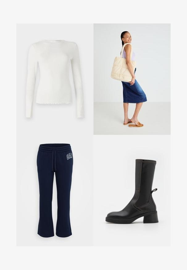 TOM TAILOR DENIM WITH FRILL EDGE - Pitkähihainen paita - off white; GAP Petite HERITAGE - Verryttelyhousut - navy; MIISTA FABI - Platform-saappaat - black; Beige laukku, joka on tikattu, paksuilla kahvoilla, tilavalla muotoilulla ja pehmeällä pinnalla, jota pitää henkilö, jolla on päällään vaalea violetti paita ja siniset farkkuhame.