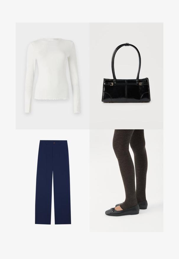 TOM TAILOR DENIM WITH FRILL EDGE - Camiseta de manga larga - off white; Pantalones de pierna ancha en azul marino, fabricados en una tela suave, con bolsillos frontales, cierre de botón y un diseño ajustado con pliegues.; Piernas con leggings oscuros acanalados combinados con bailarinas negras que presentan pequeños detalles de lazo sobre un fondo blanco.; Bolso rectangular negro brillante con dos finas correas para el hombro y pequeños detalles de hebilla dorada en la parte frontal.