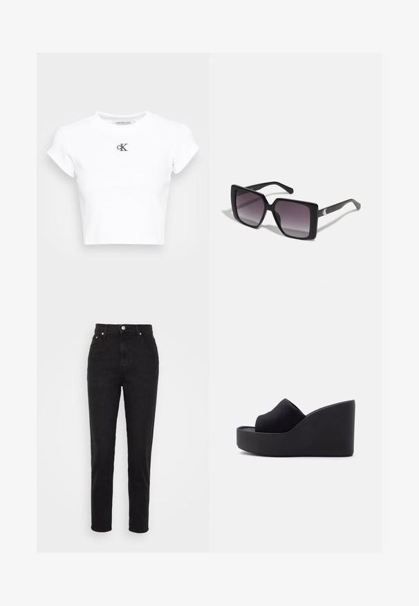 Hvid cropped t-shirt lavet af ribbet stof. Har en rund halsudskæring og korte ærmer. Sort broderet "cK" logo på brystet.; Sorte højtaljede slim-fit jeans med frontknap, bæltesløjfer og fem-lomme design på hvid baggrund.; Sort platforms kile slide-sandal med lukket tå og stoffoverdel samt høj, solid sål mod en ensfarvet lys baggrund.; Sorte firkantede solbriller med gradient grå linser. Blank ramme med rene linjer. Sølvlogo-aksecent på stængerne.