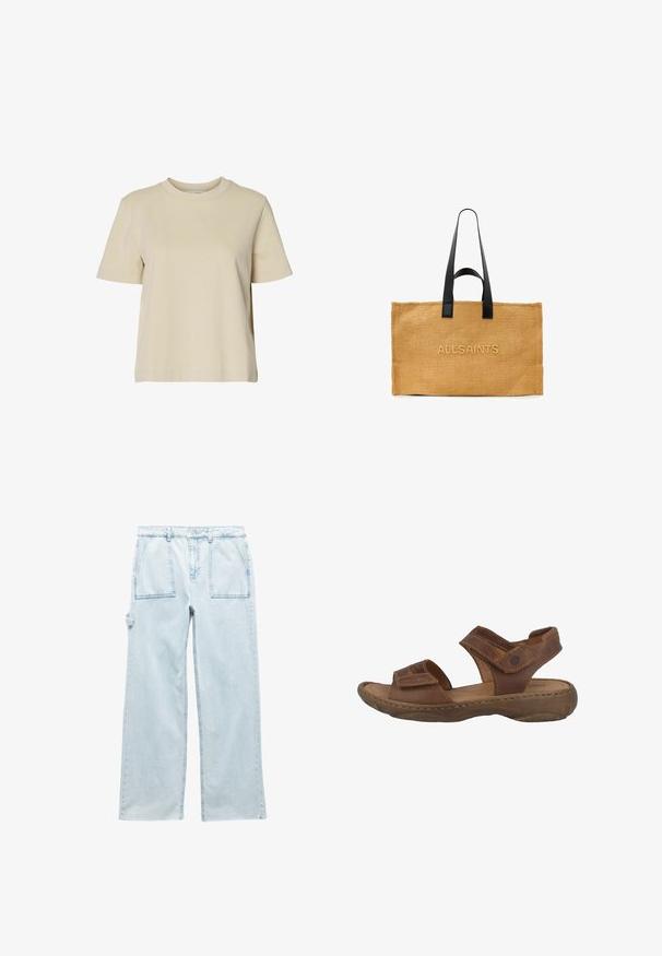 Selected SLWESSENTIAL SS BOXY TEE NOOS - T-Shirt basic - oatmeal; Hellblaue Denim-Cargohosen mit lockerer Passform, ausgestattet mit zwei Vordertaschen und einer Seitentasche, genähten Nähten und einem Knopfverschluss.; Braune Leder-Sandalen mit gepolstertem Fußbett, zwei verstellbaren Riemen und einer strukturierten Gummisohle. Mit sichtbaren Nähdetails.; Rechteckige, hellbraune gewebte Tragetasche mit dem eingeprägten Schriftzug "ALLSAINTS" auf der Vorderseite und langen schwarzen Lederriemen, die über den oberen Rand der Tasche hinausragen.