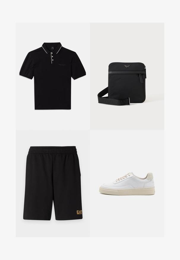 Polo noir en coton avec col, trois boutons, accents blancs et un logo discret sur le devant. Manches courtes.; Shorts de sport noirs en tissu doux, avec une taille élastique et un petit logo jaune EA7 sur le bas de la jambe gauche.; Sneaker blanche avec un dessus en cuir lisse, des lacets beige et un onglet de talon en daim beige texturé. Semelle surélevée pour une hauteur supplémentaire.; Sac bandoulière carré noir avec fermeture éclair, poche avant et sangle réglable avec nom de marque embossé.