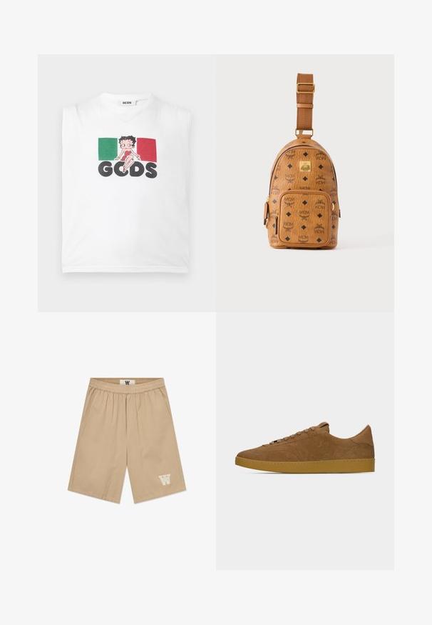 T-shirt blanc sans manches avec des rectangles verts et rouges, personnage de dessin animé assis sur le texte noir « GCDS » au centre.; Shorts beiges en tissu léger avec une taille élastique, des poches latérales et un accent logo blanc sur la jambe inférieure gauche.; Baskets basses en daim marron avec lacets assortis et semelle en caoutchouc gomme, présentées en profil gauche sur un fond gris clair uni.; Petit sac bandoulière en cuir beige avec bandoulière réglable, poche zippée à l'avant et motif répété du logo noir MCM.