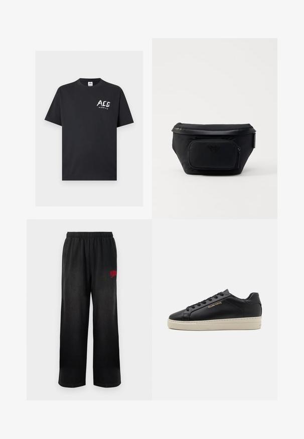 Sort T-shirt med korte ærmer og rund halsudskæring med hvidt "ACG" logo og lille tekst "FOR OUTDOOR USE" på venstre bryst.; Sorte sweatpants med elastisk talje og sidelommer. Har rød "Billionaire Boys Club" logo på højre lår. Blød, glat tekstur.; Sorte lædersneakers med en glat finish, kontrasterende cremefarvet sål, rund tå, guld logo på siden og seks huller til snørebånd.; Sort nylon taske med en frontlomme med lynlås, der har en glat overflade og et logo som accent. Struktureret design med fold-over top.