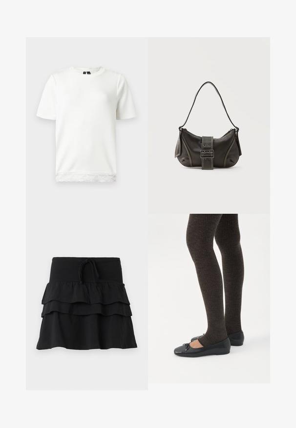 Camiseta blanca de manga corta con cuello redondo y detalles de encaje en el dobladillo inferior sobre un fondo liso.; Falda negra con un diseño en capas, que cuenta con dos capas de volantes y una cintura elástica con cordón. Fabricada con una tela suave para mayor comodidad.; Piernas con leggings oscuros acanalados combinados con bailarinas negras que presentan pequeños detalles de lazo sobre un fondo blanco.; Bolso de hombro de cuero negro con detalle de correa con hebilla, bordes curvos y costuras blancas en contraste sobre un fondo liso.