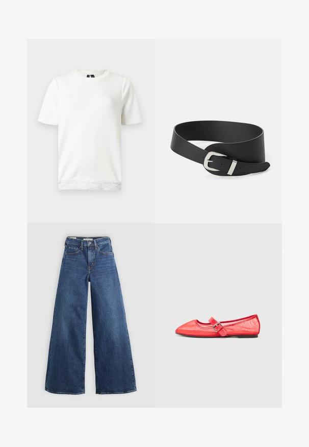 Hvid kortærmet t-shirt med rund hals og blondekant langs den nederste kant mod en ensfarvet baggrund.; Bredde jeans i blå denim med fem lommer, knaplukning og kontraststing, der har en blød og tekstureret overflade.; Røde spidse balletflader med en blank finish, der har en rem med en sølvspænde detalje og en flad sort sål.; Sort læderbælte med flad design, der har en sølvmetalspænde og justerbare huller til fastgørelse. Glat tekstur og ingen synlige mønstre.