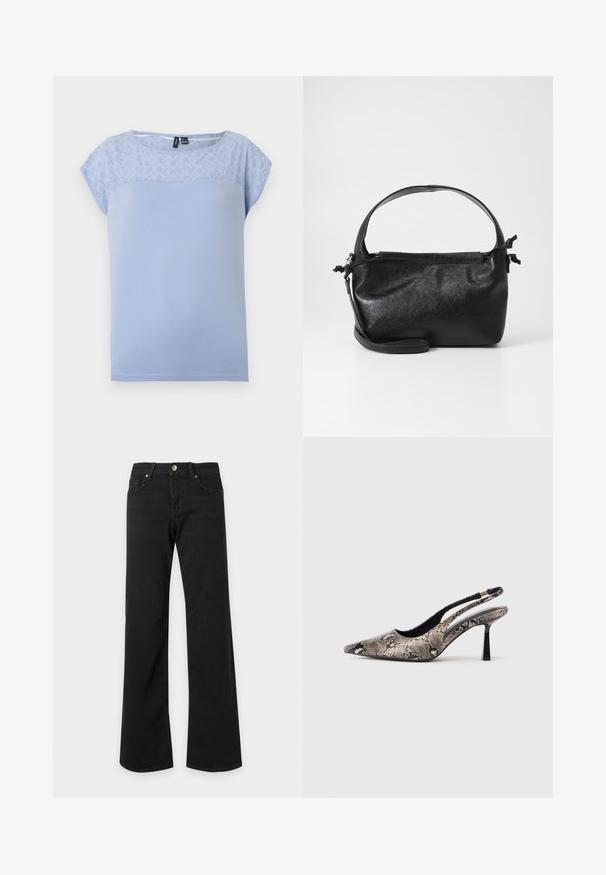 Blouse bleu clair à manches courtes avec section supérieure en dentelle ajourée et encolure ronde.; Jean noir taille haute avec jambes droites et larges, poches avant, passants de ceinture et fermeture par bouton métallique sur fond blanc.; Chaussures slingback à bout pointu en matériau à imprimé serpent texturé, avec un talon noir fin et un design découpé sur les côtés.; Sac à main en cuir noir au design structuré, avec une poignée arrondie et une bandoulière amovible. Présente une texture lisse et un éclat subtil.