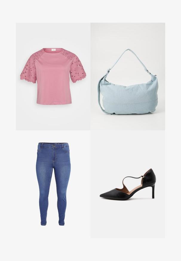 Haut rose à manches courtes avec un corps uni et des détails en dentelle élaborés sur les manches, présentant des motifs floraux et des bords festonnés.; Jean skinny bleu avec poches avant, passants pour ceinture, fermeture par bouton, et légère décoloration sur les cuisses et les genoux.; Chaussure à talon haut en cuir noir à bout pointu avec une fine bride à la cheville et un talon stiletto de hauteur moyenne sur fond blanc.; Sac à dos en denim bleu clair de forme arrondie, avec une bandoulière ajustable et un subtil détail de couture le long du bas. Texture douce.