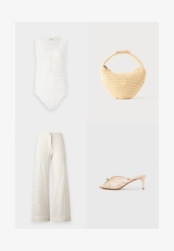 Body texturé blanc sans manches avec encolure dégagée et rangée avant de petits boutons blancs.; Pantalon blanc taille haute à jambes larges avec une broderie en dentelle florale délicate et une fermeture à boutons à l’avant sur un fond uni.; Sandale mule à bout ouvert en or métallique avec un talon fin de hauteur moyenne et des lanières fines croisées sur un fond neutre.; Sac à main beige tissé avec corps arrondi, fermeture éclair et une sangle courte et épaisse dans un style crochet simple et texturé.