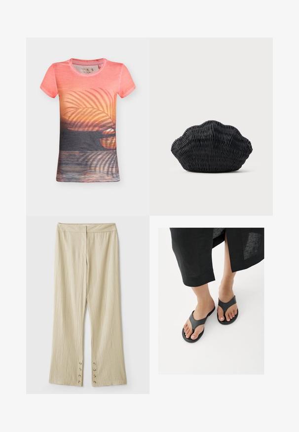 Camiseta de manga corta color rosa coral con diseño de puesta de sol sobre el océano y sombra de hoja de palma en el frente.; Pantalones beige de pierna ancha hechos de tela texturizada, con una cintura lisa y detalles de botones en el dobladillo.; Primer plano de pies con sandalias negras de cuero tipo chancla y el dobladillo de una falda negra visible por encima de los tobillos sobre un suelo blanco.; Bolso de mimbre negro con forma de concha de vieira con parte superior curva y textura tejida sobre un fondo liso.