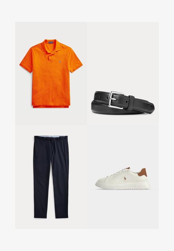 Orange polo shirt lavet af bomuld; har en krave, to knapper foran og et lille blå broderet logo på venstre bryst. Korte ærmer.; Marineblå herre habitbukser med bæltestropper, lynlås og sidelommer, lagt fladt på en hvid baggrund.; Hvid lavtopsneaker med brunt hæltab, snørebånd foran, tyk sål og lille broderet hestelogo på siden.; Sort læderbælte med sølvfarvet rektangulært spænde, rullet sammen på en hvid baggrund, med et diskret præget logo på spidsen.