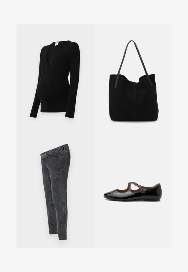Must küllakeelne pikkade varrukatega ülikond, mis on mõeldud rasedatele, koosneb keeratava stiiliga ja venivast kangast, mis tagab mugavuse kasvava kõhu üle.; MAMALICIOUS Slim fit Mid waist Raw hems - Liibuvad teksad - grey denim; Mustast lakknahast Mary Jane-tüüpi madalad kingad kahe lõikeauguga ja kuldse pandlaga rihmaga valgel taustal.; Mustas väljast valmistatud käsitasku, millel on kaks pikka, lamedat nahkrihma. Omab kaardus ülemist serva ja nähtavat õmblust esiküljel. Ilma metallist aksessuaarideta.