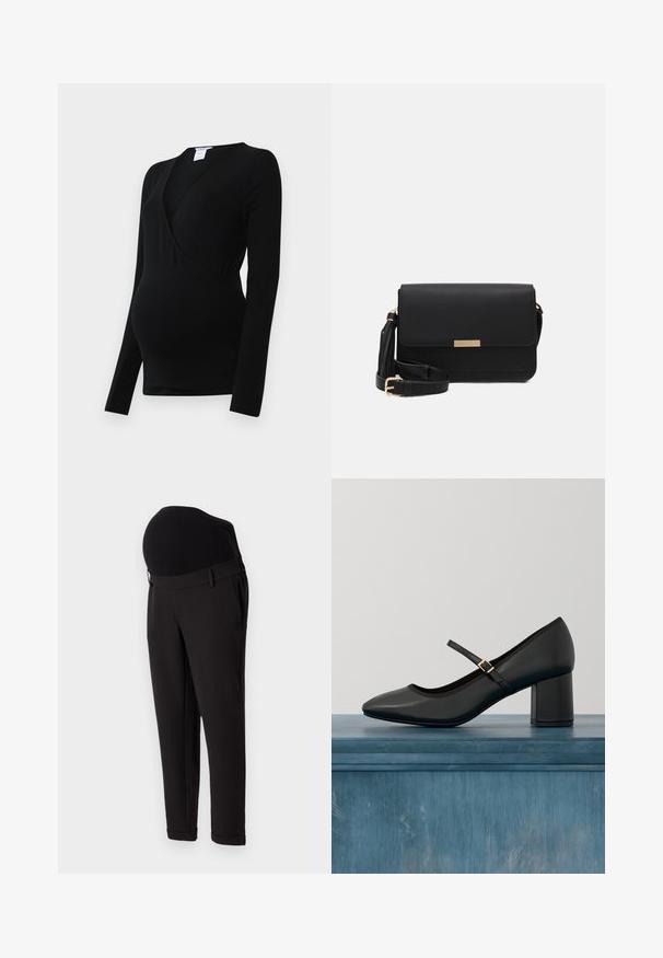 Top negro de manga larga diseñado para la maternidad, con un estilo envolvente y tejido elástico para mayor comodidad sobre una barriga en crecimiento.; Pantalones de maternidad negros con una cintura alta y elástica y un diseño de pierna ajustada. La tela tiene una textura suave con un ligero brillo.; Zapato negro tipo Mary Jane con tacón cuadrado y tira de hebilla dorada, flotando sobre un suelo de hormigón liso en un ambiente interior minimalista.; Bolso cruzado de cuero negro con cierre de solapa, acentos en dorado, correa ajustable y superficie texturizada. Forma rectangular compacta.
