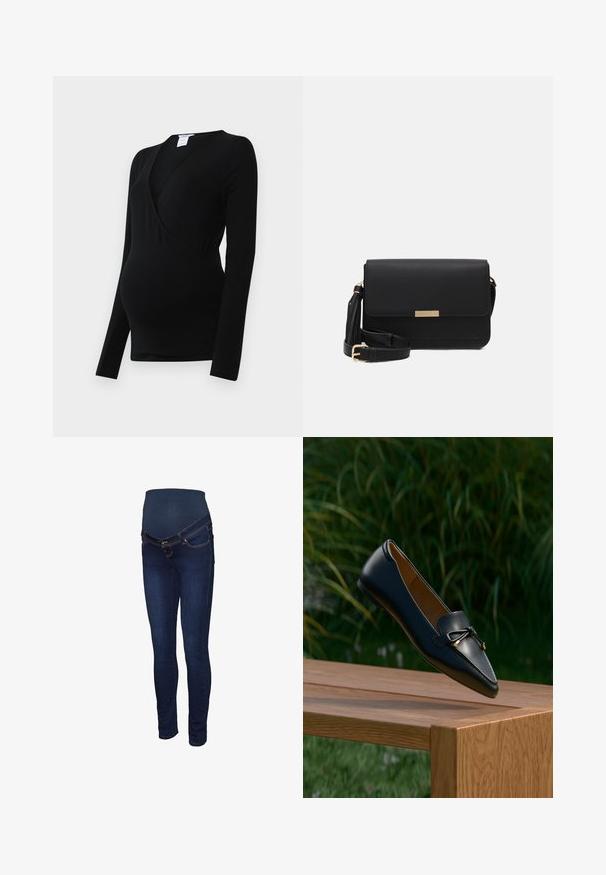 Sort langærmet top designet til graviditet, med en omslagsstil og strækbart stof for komfort over en voksende mave.; Mørkeblå graviditetsjeans med et strækbart panel ved taljen, slank pasform og klassisk fem-lomme design med kontrastsyninger.; Sort læderloafer med detaljeret sløjfe, der svæver over en træbænk med grøn græs og planter i baggrunden.; Sorte læder crossbody taske med flaplukning, guldfarvede Hardware, justerbar rem og tekstureret overflade. Kompakt rektangulær form.