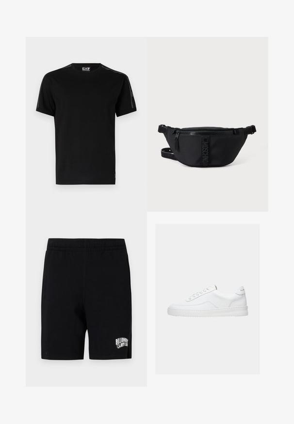 Zwarte T-shirt van katoen, met korte mouwen, een ronde hals, gaas zijpanelen en een klein logo label op de zoom.; Zwarte shorts van een zachte katoenmix met een elastische tailleband, voorzien van een wit logo op het linkerpootje en zijzakken.; Witte lage sneaker met vetersluiting, glad leren bovenwerk en dikke zool, gezien vanuit de zijkant tegen een effen achtergrond.; Zwarte Moschino heuptas met rits aan de voorkant en verstelbare band op een egale lichte achtergrond.