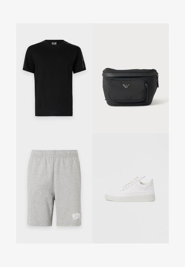 Camiseta negra de algodón, con mangas cortas, cuello redondo, paneles laterales de malla y una pequeña etiqueta con el logo en el dobladillo.; Pantalones cortos de algodón grises con una cinturilla elástica y un logo blanco en la parte inferior derecha. Textura suave, diseño a la altura de la rodilla.; Zapatilla blanca de cuero con punta redondeada, suela plana y cierre de cordones. Presenta detalles de costuras y un cuello acolchado para mayor comodidad.; Riñonera negra con bolsillo frontal con cremallera y logo de águila plateado, tela lisa con ribete texturizado y tiradores de cremallera.