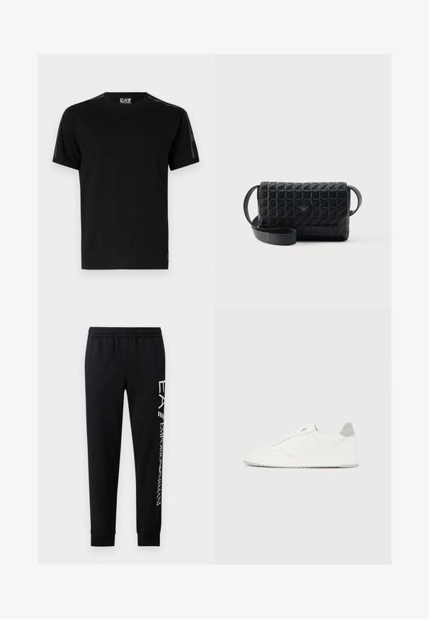 Zwarte T-shirt van katoen, met korte mouwen, een ronde hals, gaas zijpanelen en een klein logo label op de zoom.; Zwarte sweatpants van een katoenmix, met een elastische tailleband, taps toelopende benen, ribgebreide boorden en een wit logo-opdruk langs de zijkant.; Witte lage sneaker met grijze hielpatch, witte veters en een gestructureerde zool, gepresenteerd op een effen lichte achtergrond.; Zwarte crossbodytas met een gestructureerd oppervlak, een klepsluiting en een klein metalen logo aan de voorkant, afgebeeld tegen een effen achtergrond.