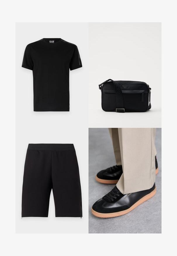 Camiseta negra de algodón, con mangas cortas, cuello redondo, paneles laterales de malla y una pequeña etiqueta con el logo en el dobladillo.; Shorts de deporte negros hechos de una tela suave, con una cintura elástica ceñida y cremalleras en los laterales para mayor funcionalidad.; Paul Smith COMO - Zapatillas - black; Bolso de hombro negro de nailon con una correa de contraste, forma rectangular elegante, detalle del logo y un bolsillo con cremallera en la parte frontal.