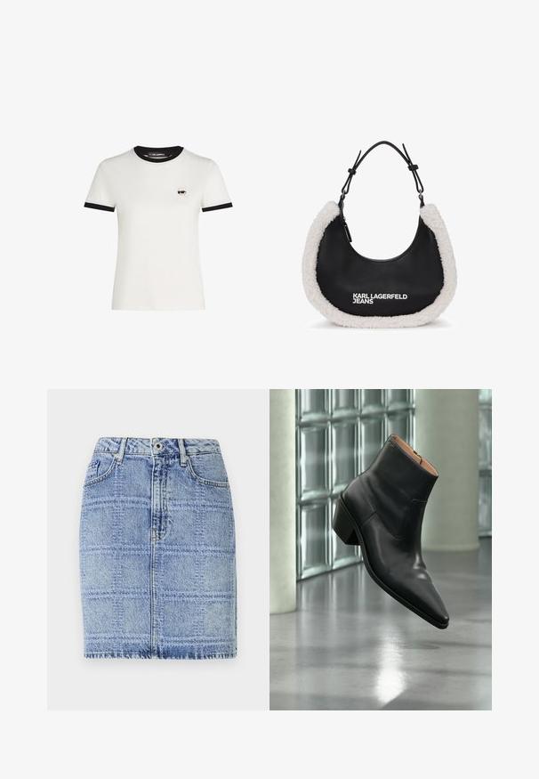 Witte katoenen t-shirt met zwart geribbeld hals- en mouwrand. Heeft een klein geborduurd cartoongezicht ontwerp op de linkerborst.; Denim rok in lichtblauw met een ruitpatroon. Heeft een hoge taille, twee voorzakken en stikaccenten langs de zoom en naden.; Zwarte leren enkellaars met een spitse neus en blokhak die zweeft boven een reflecterende grijze vloer nabij een glazen blokmuur.; Zwarte handtas met een zachte, witte nepbontrand, met een ronde vorm en een ritsluiting. Het logo "KARL LAGERFELD JEANS" prominent weergegeven.