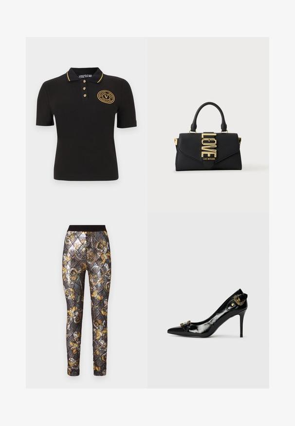 Polo noir à manches courtes avec col bordé d'or, boutons dorés et logo brodé "Versace Jeans Couture" en or sur la poitrine.; Leggings noirs et dorés avec un motif en diamant orné de sequins, une taille élastique et des accents floraux élaborés.; Chaussure à talon haut en cuir verni noir avec un bout pointu, un détail nœud à l'avant et un accent décoratif en métal doré à l'arrière.; Sac à main noir avec une anse unique, fermoir doré marqué du mot LOVE, et marquage "Love Moschino" sur le rabat avant.