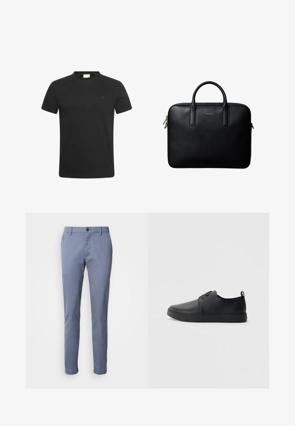 T-shirt noir à manches courtes avec col rond et petit logo "cK" subtil sur la poitrine gauche.; Chinos slim-fit de couleur bleu clair en coton. Dotés d'une fermeture à bouton et de poches latérales, avec une texture lisse et un look ajusté.; Baskets en cuir noir avec une finition lisse, bout arrondi, coutures ton sur ton, devant à lacets et semelle plate en caoutchouc. Anse au talon.; Mallette en cuir noir texturé avec double poignées et tirettes de fermeture éclair argentées, centrée sur fond blanc.