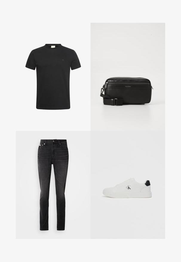 Zwart T-shirt met korte mouwen en ronde hals met een klein subtiel "cK" logo op de linkerborst.; Zwarte denim jeans met een slim fit, vijf zakken ontwerp en knoopsluiting. Kenmerkt zich door een subtiele vervaging en stikselaccenten op de zakken.; Witte sneaker met een glad leren bovenwerk, ronde neus, zwart hielaccent en 'CK' logo aan de zijkant. Voorzien van een vetersluiting en platte zool.; Zwarte leren schoudertas met een ritsvak, gestructureerd oppervlak, verstelbare schouderband en Calvin Klein-logo op de voorkant.