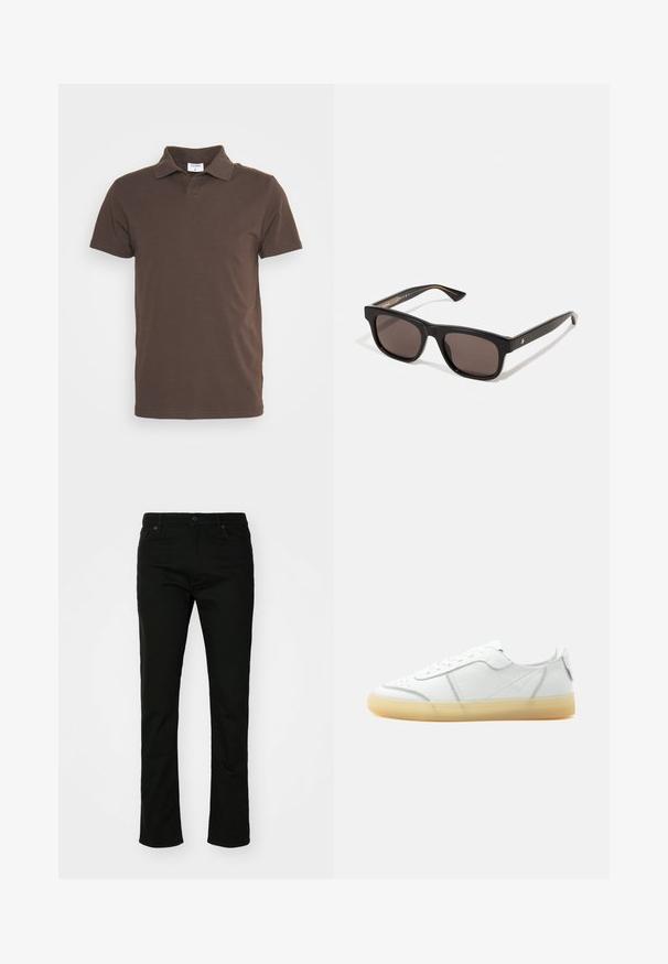 Filippa K Poloshirts - dark choco; Sorte denim jeans med lige ben design, fem lomme-stil og knaplukning. Glat tekstur med subtile stikninger detaljer.; Hvid lavtop læder sneaker med beige gennemsigtig sål, snørelukning foran og minimal syning, vist fra siden mod en ensfarvet baggrund.; Sorte rektangulære solbriller med mørke linser. Plastikramme med glat overflade og subtil brandingdetalje på den indvendige stang.