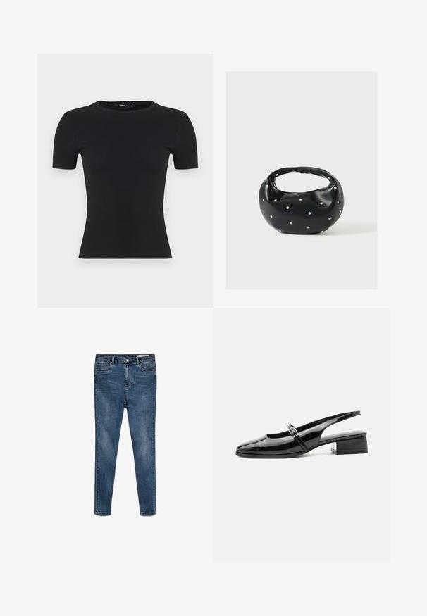 Must triibuline lühikeste varrukatega t-särk, ümar kaelus, keha järgiva lõikega, valmistatud tekstuurse kangaga, sileda viimistlusega ja ilma nähtavate detailideta.; Tumedate sinine denim skinny teksad keskmise taljepiirdega, viie tasku ja peene vicega. Omab nupukinnitust ja lukkuga sulgemist.; Mustast lakknahast slingback-king madala plokksandaali ja õhukese rihmaga, millel on peal hõbedane pandlaga kinnis.; Mustast nahast ümmarguse kujuga käekott, kaunistatud hõbedaste naeladega, lühikese sangaga. Sile tekstuur ja tõmblukuga sulgemine.