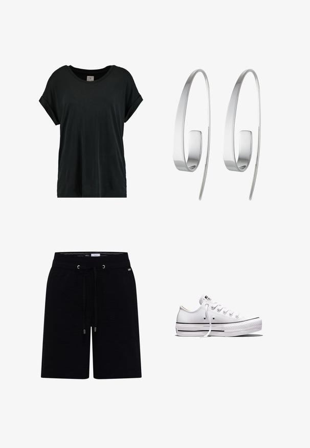 Schwarzes Kurzarm-T-Shirt mit rundem Halsausschnitt, aus weichem Stoff gefertigt, mit lockerer Passform und umgeschlagenen Bündchen für zusätzlichen Stil.; Schwarze Freizeitsshorts mit elastischem Bund und Kordelzug, Metallösen, zwei Fronttaschen und kleinem Markenlabel auf der rechten Seite.; Weißer Sneaker aus Segeltuch mit niedrigem Schnitt, weißen Schnürsenkeln, Gummisohle, schwarzen Streifendetails und Logopatch auf der Zunge und Ferse.; Silberne Creolen mit einem schlanken, elongated Design. Aus poliertem Metall gefertigt, zeichnen sie sich durch eine glatte Textur und einen minimalistischen Stil aus.