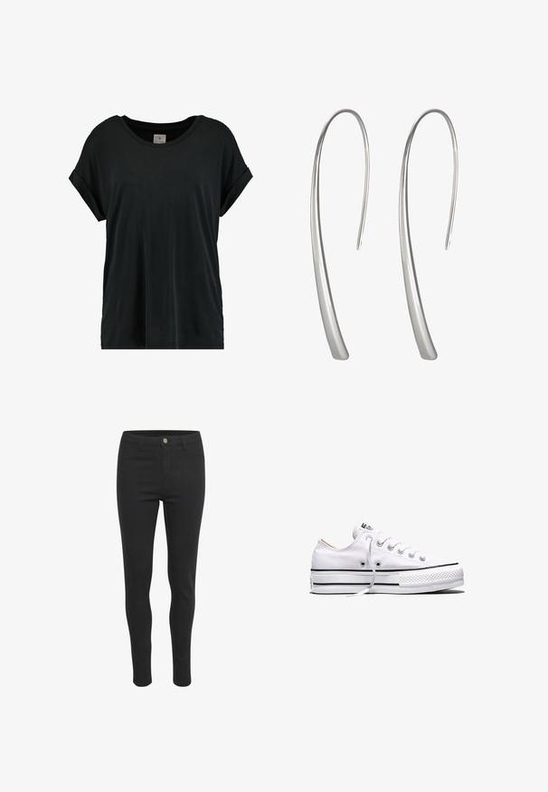 Schwarzes Kurzarm-T-Shirt mit rundem Halsausschnitt, aus weichem Stoff gefertigt, mit lockerer Passform und umgeschlagenen Bündchen für zusätzlichen Stil.; Schwarze Skinny-Jeans mit glattem Stoffgefühl, ausgestattet mit einem vorderen Knopfverschluss, fünf Taschen und einem eng anliegenden Schnitt.; Weißer Canvas-Sneaker in niedriger Ausführung mit weißen Schnürsenkeln, schwarzen Streifen an der Sohle und gummiertem, strukturiertem Zehenschutz, Seitenansicht vor weißem Hintergrund.; Lange silberne Tropfohrringe mit einem eleganten, länglichen Design und einer glatten, polierten Oberfläche. Sie verfügen über eine minimalistische geschwungene Form.