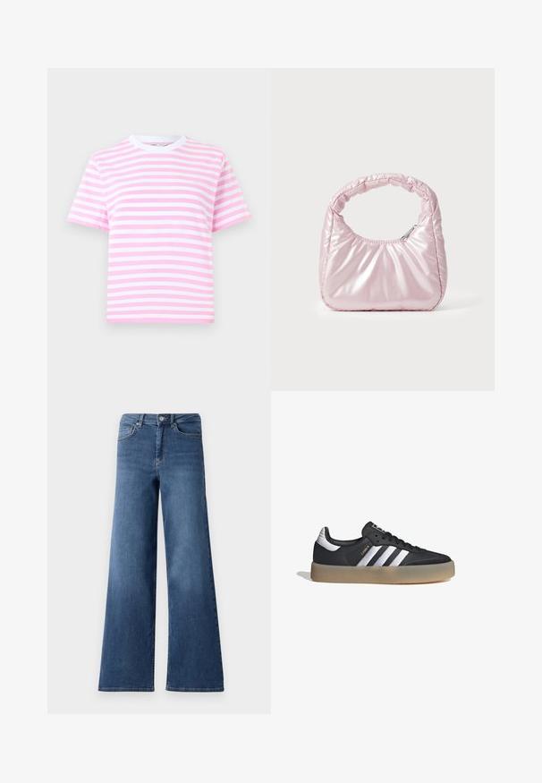 Camiseta de manga corta a rayas en rosa y blanco, con cuello redondo y tela suave. Presenta rayas horizontales de diferentes grosores.; Pantalones vaqueros de denim azul de pierna ancha con una cinturilla estándar, bolsillos delanteros y una textura suave. Sin patrones visibles ni adornos.; Zapatilla deportiva de cuero negro con tres rayas plateadas, punta texturizada y suela de goma. Cuenta con un collar acolchado y un diseño con cordones.; Bolso de mano acolchado en color rosa con un diseño redondeado, fabricado en material brillante. Presenta un asa fruncida y un cierre de cremallera para un acceso seguro.